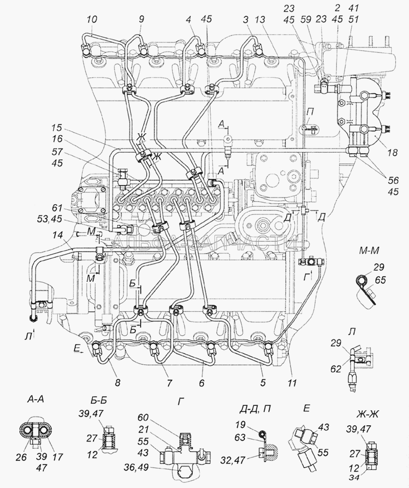 740.51-1104000-90 Установка топливопроводов (740.50-1104320-90 Трубка топливная шестой секции насоса высокого давления) 